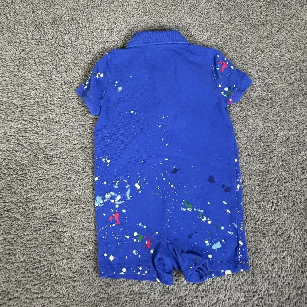 Ralph Lauren Romper Boys 24 Months Blue Red Polo One-Piece Paint Splatter